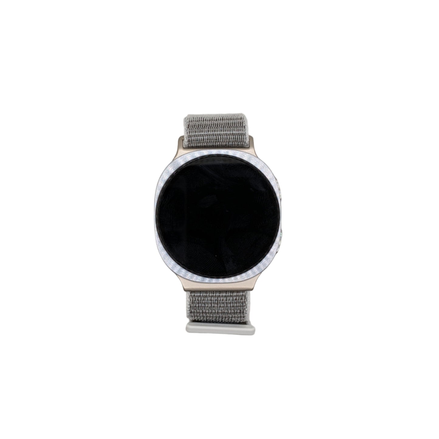 Smartwatch with a black screen and gray band on a white background