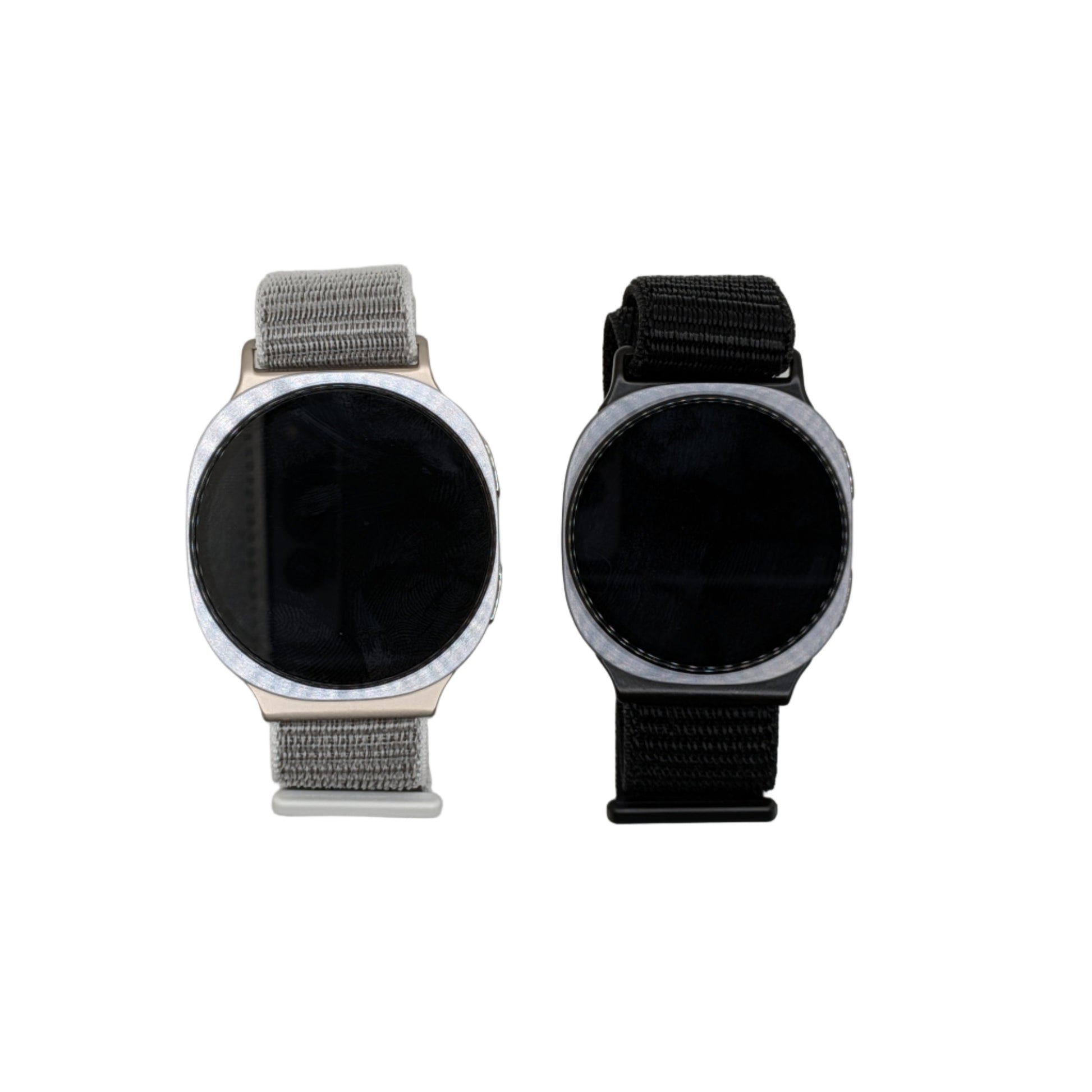 Two smartwatches with different band styles on a white background