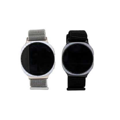 Two smartwatches with different band styles on a white background