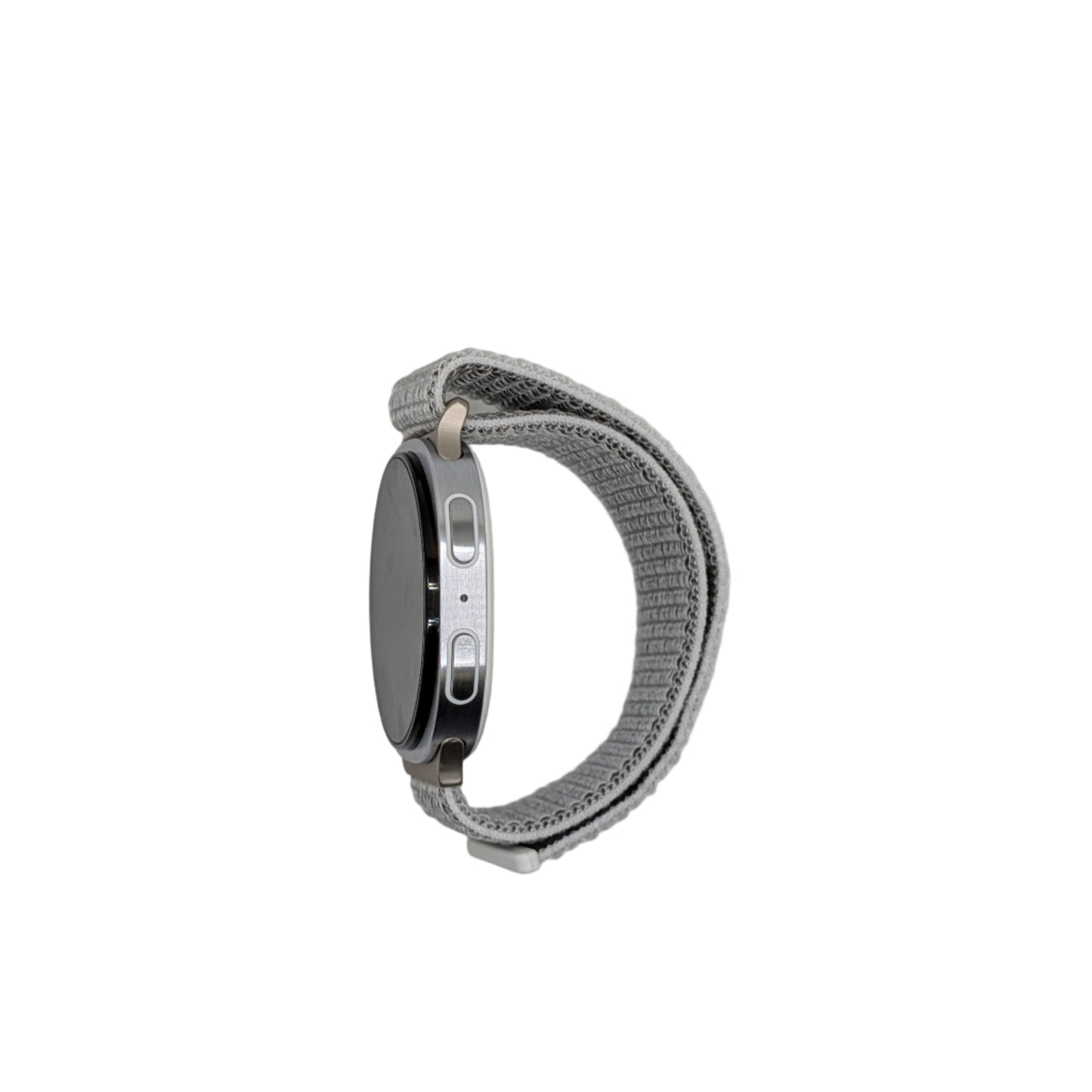 Smartwatch with a metallic band on a light gray background