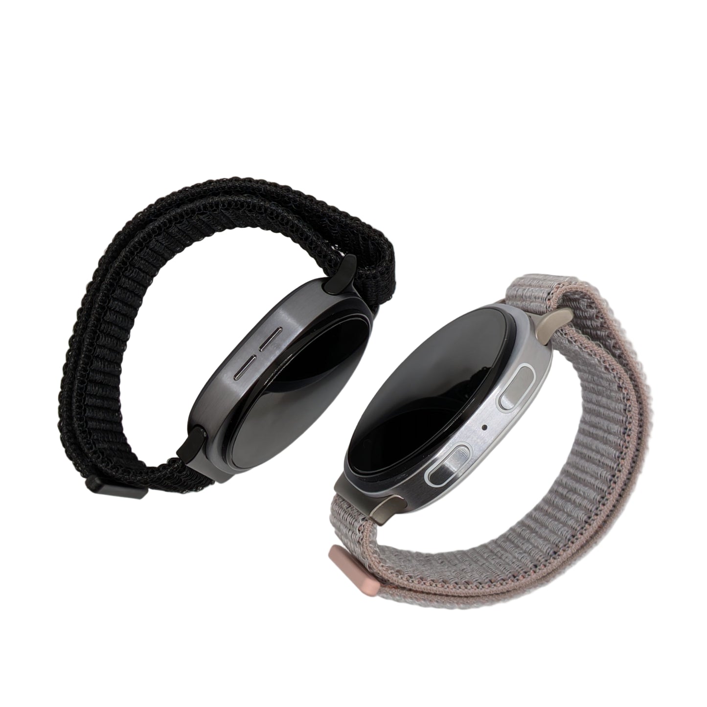 Two smartwatches with different band styles on a light gray background